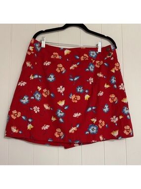 Red Floral A-Line Skort with Button Waist 14 Petite